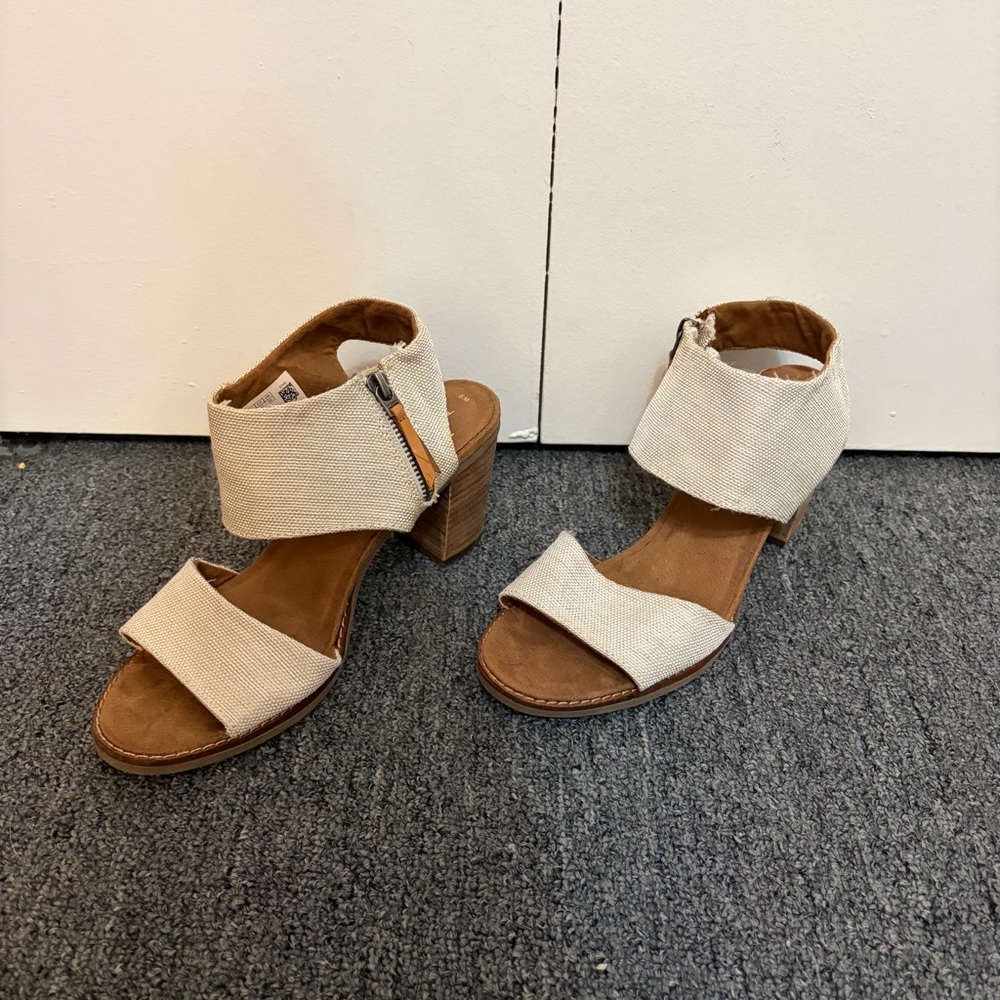 TOMS Beige Canvas Block Heel Sandals